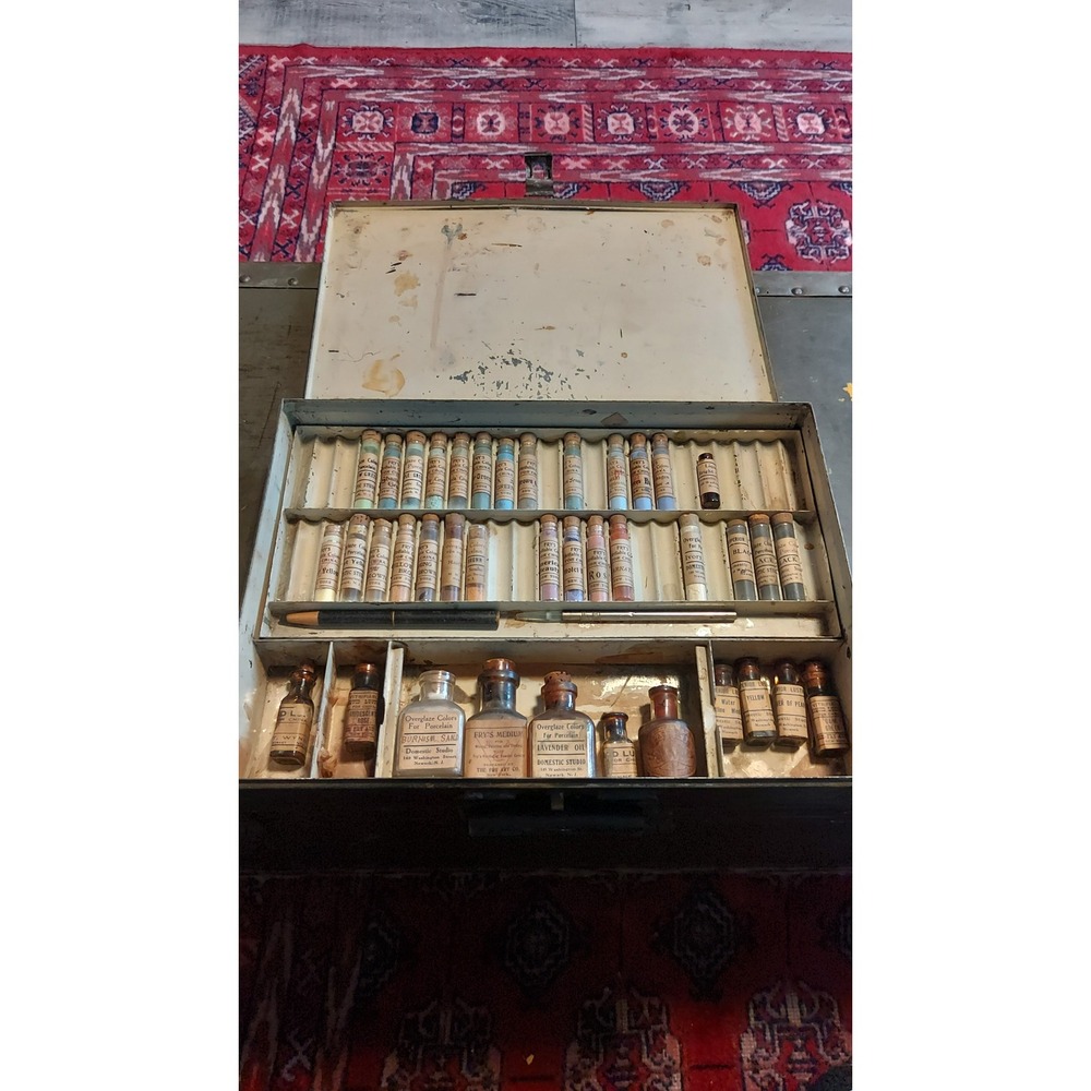 Antique Fry Art Co China Painting Kit Vintage Porcelain Pigments Mediums & Box